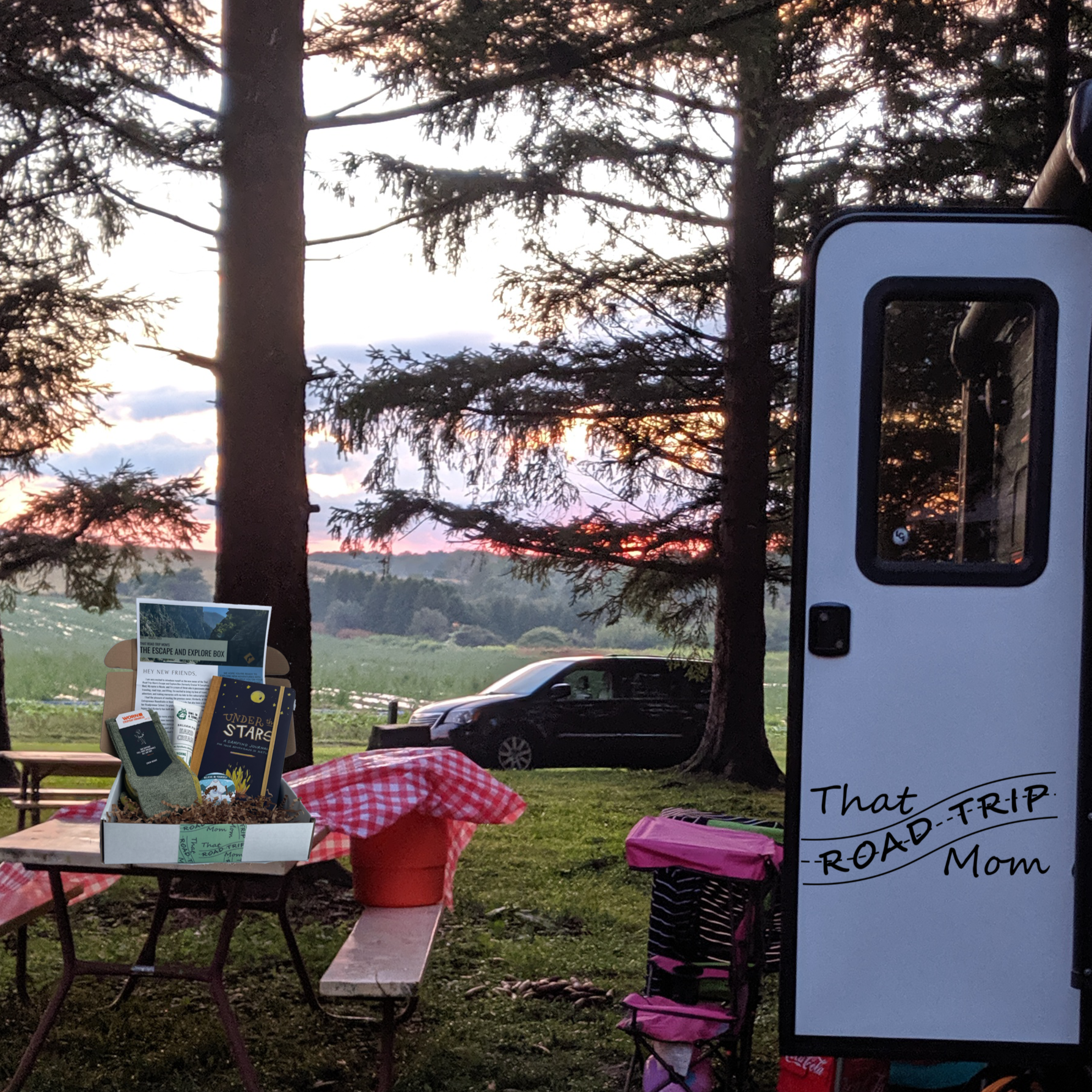 Photo of campsite with escape and explore box on picnic table